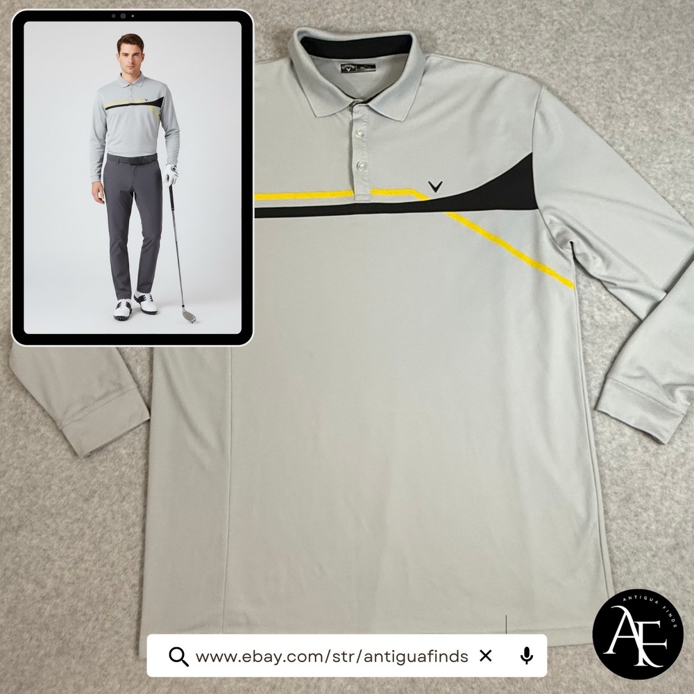Callaway Mens XLT Long Sleeve Golf Polo Gray Black Yellow Geometric Performance